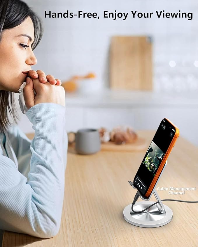 360 Rotating Phone Holder for Desk, Dual-Adjustable Foldable Heavy-Duty Bases Aluminum Phone Stand Compatible with iPhone 17 16 15 14 13 12 11 Series, Galaxy, 4-8" All Phones (Silver)