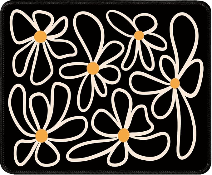 Black Daisy Flower Desk Pad Mat with Stitched Edges and Non-Slip Rubber Base, Premium-Textured Mouse Pad for Laptop, Computer & PC, Gaming & Working, Waterproof Mousepad