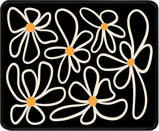 Black Daisy Flower Desk Pad Mat with Stitched Edges and Non-Slip Rubber Base, Premium-Textured Mouse Pad for Laptop, Computer & PC, Gaming & Working, Waterproof Mousepad