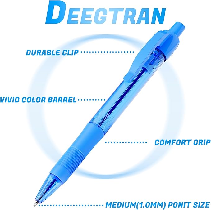 deegtran Pens Bulk, 30 Pack No Bleed Sky Blue Ink Click Pens with Soft Grip, Wholesale Retractable Ballpoint Pens for Office School, Medium Point Smooth 1.0MM