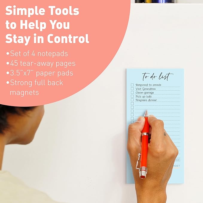 S&O Set of 4 Essential Refrigerator Notepads with Magnet - Grocery Schedule Holder Pad for Fridge - Weekly Magnetic To Do List for Adhesive - Cling Notebook Meal Planner - Attractive Shopping List Pad