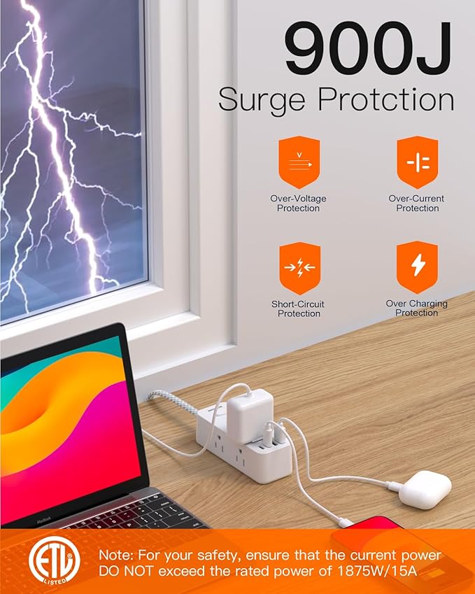 10 FT Extension Cord, Surge Protector Power Strip with 6 Widely AC Outlets 4 USB Ports(2 USB C),3-Side Outlet Extender, Flat Plug, Wall Mount for Home, Office,Travel and Dorm Essential