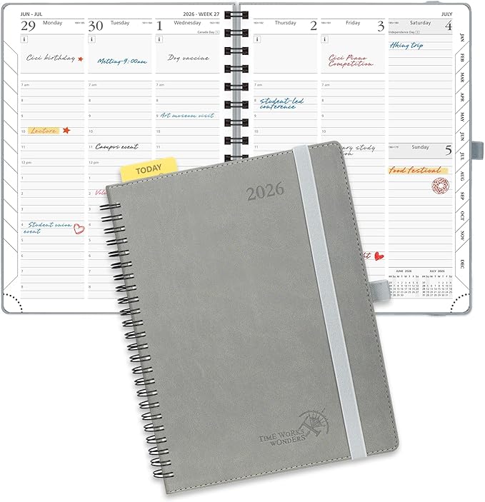 POPRUN 2026 Planner (Medium - 6.5'' x 8.5'') with Hourly Schedule & Vertical Layout - 2026 Weekly Calendar (Jan. 2026 - Dec.2026) for Time Management, Monthly Tabs, Spiral Bound, Soft Cover - Grey