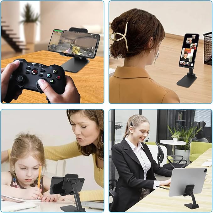 2 Pcs Folding Cell Phone Stand, Fully Adjustable Angle Height Phone Stand for Desk, Foldable/Portable Desktop Phone Holder Compatible with All Phone 14 13 12 11 Smartphones (Black and Black)