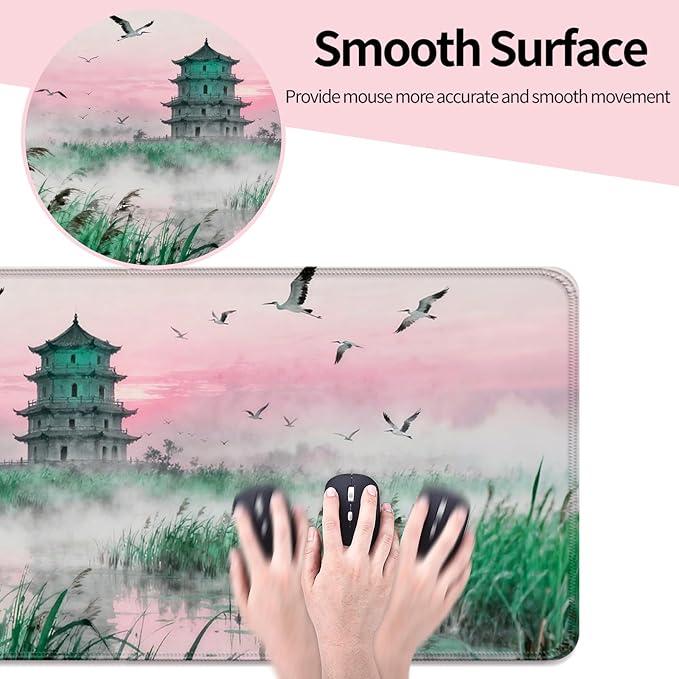 Fantasy Green Tower and Egret XL Large Desk Mat, Extended Long Desk Pad for Gaming and Office, Non-Slip Rubber Base, Comfortable Surface Mouse Pad, 31.5x11.8 in (H24)