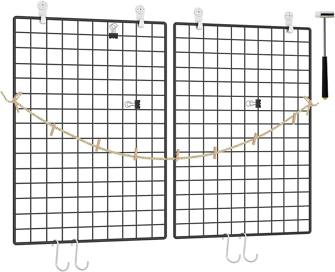 C&AHOME Photo Wall Display Set of 2, Grid Panel with Hooks, Clips, Hemp Cord, Hammer - 17.7" x 25.6", Black UWWGM4565B