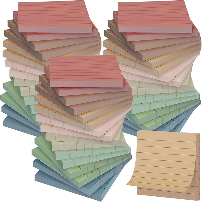 48 Pack Lined Sticky Notes 3x3 in, 8 Colors Self Sticky Notes with Lines, Post Stickies Colorful Sticky Memo Note Pads for School and Office Supplies, Morandi