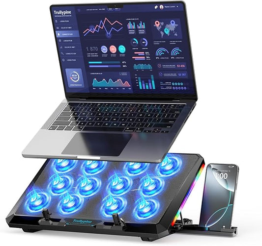 Laptop Cooling Pad with 12 Quiet Fans, Slim Portable for 12-17.3 Inch Laptop Cooler Stand with 5 Height Adjustable, Ergonomic Gaming Cooling Fan Pad with Two USB Ports & Phone Holder (Gear)