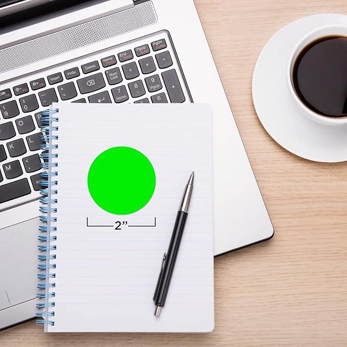 ChromaLabel 2 Inch Round Colored Stickers, High Visibility Removable Sticky Dots, Easy to Write On Color Coding Labels, 500 Sticker Dots per Roll, Matte Finish Fluorescent Green - Case of 5