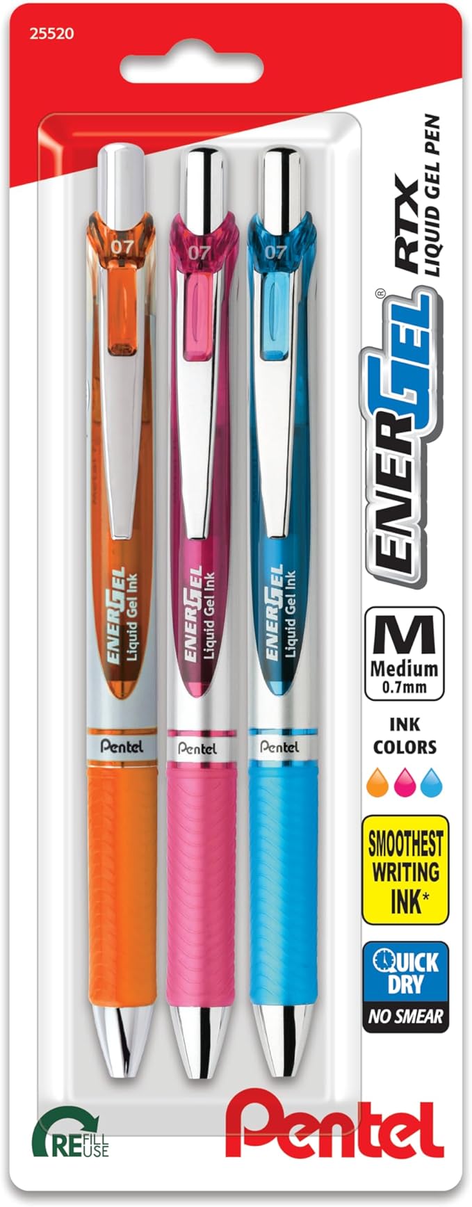 Pentel EnerGel Deluxe RTX Retractable Liquid Gel Pen, Medium Line, Metal Tip, Assorted Ink, 3 Pack (BL77BP3M2)