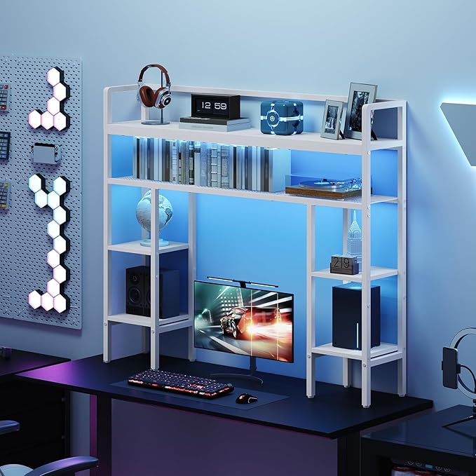 Desktop Shelf with LED Light Strip, Desktop Hutch with Adjustable Feet and Anti-Tip Kit, Storage Shelf with Particleboard Shelves and Wire Mesh, for Study, Home Office, White DSWT9801