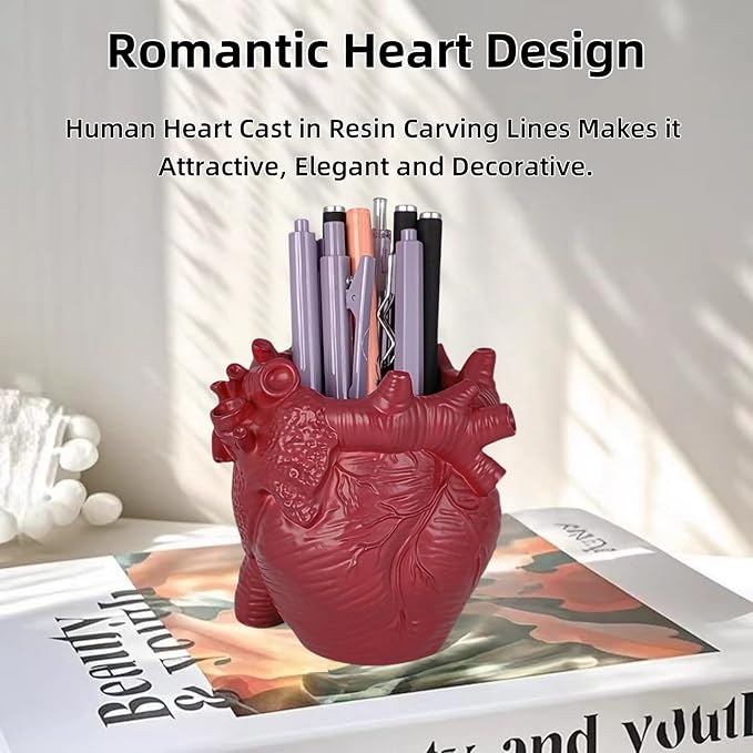 Heart-shaped Pen Holder for Desk Accessories Halloween Decor and Office Decor, Pencil Holder for Desk Organizers, Compact Desk Accessories Gift, Pencil Cup for School, Office, Home (Red)