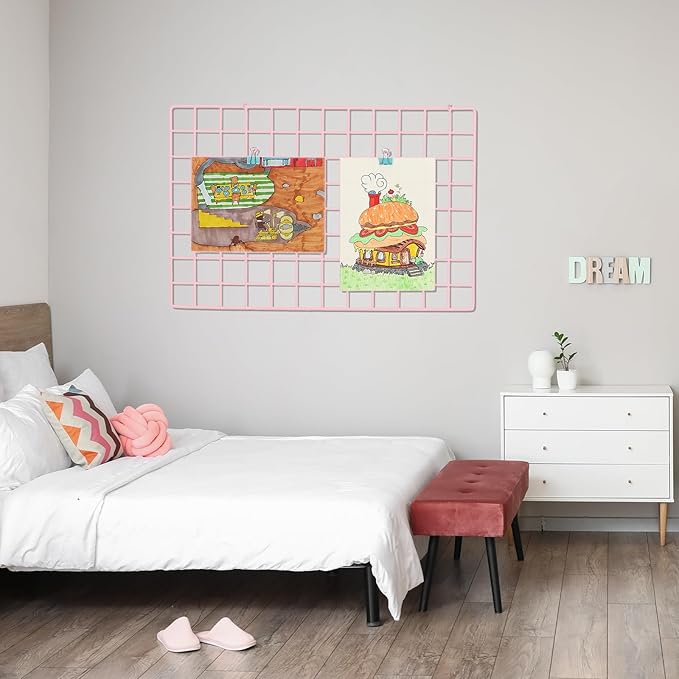 PATIKIL 16"x8" Wire Grid Panel, 2 Pack Board Photo Pictures Memo Display Grid Panels Hanging Organizer Wall Decorative Panel for Home Office Wedding, Pink