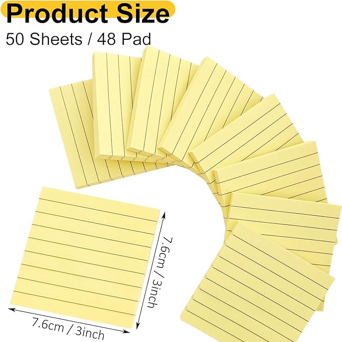 48 Pack Lined Sticky Notes 3x3 in, Yellow Self Sticky Notes with Lines, Post Stickies Sticky Memo Note Pads for School and Office Supplies, Yellow