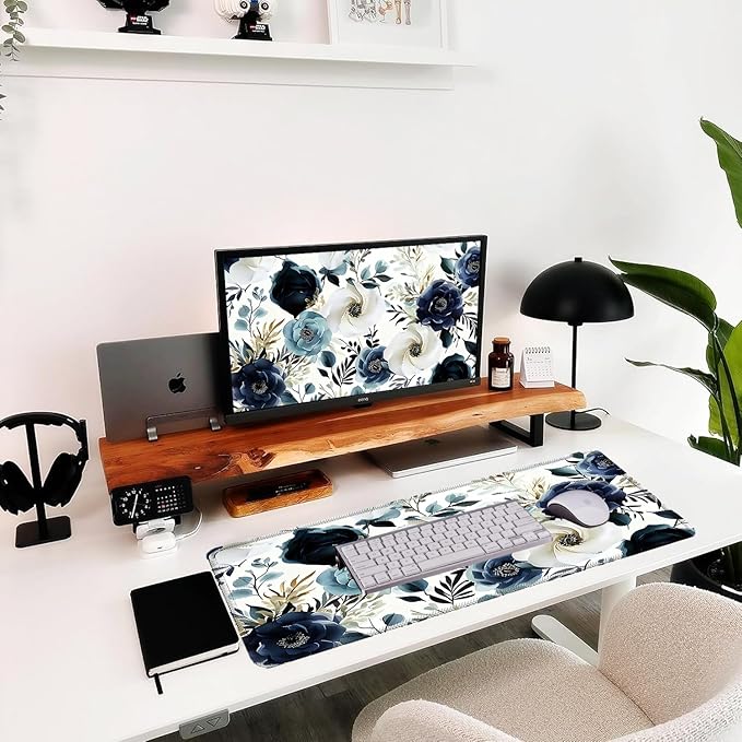 Blue Floral Mouse Pad 31.5x11.8 Inch, Large White Peony Flowers Desk Mat with Non-Slip Base, Micro-Woven Fabric, Stitched Edges for Office Computer