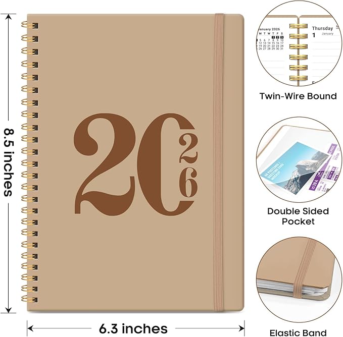 2026 Planner, Weekly and Monthly Calender Planner, Jan 2026 to Dec 2026, Hardcover 2026 Calendar Book with Tabs & Inner Pocket, Office Home School Supplies for Women & Men - A5 (6.3" x 8.5"), Oat Brown