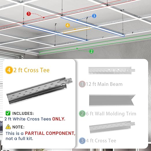 10 PCS 24 Inch Cross Tee Drop Ceiling Grid System, 2 Ft Galvanized Steel Rust & Fire Resistance Easy Installation, Ideal for Basement Living Room Garage Kitchen Bathroom White