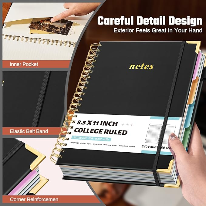 Hardcover Spiral Notebooks 8.5" X 11" Note Taking 5 Subject Notebook College Ruled with Dividers 240 Pages 100GSM Aesthetic Spiral Notebook for Work School Cute Journals for Women Writing, Black