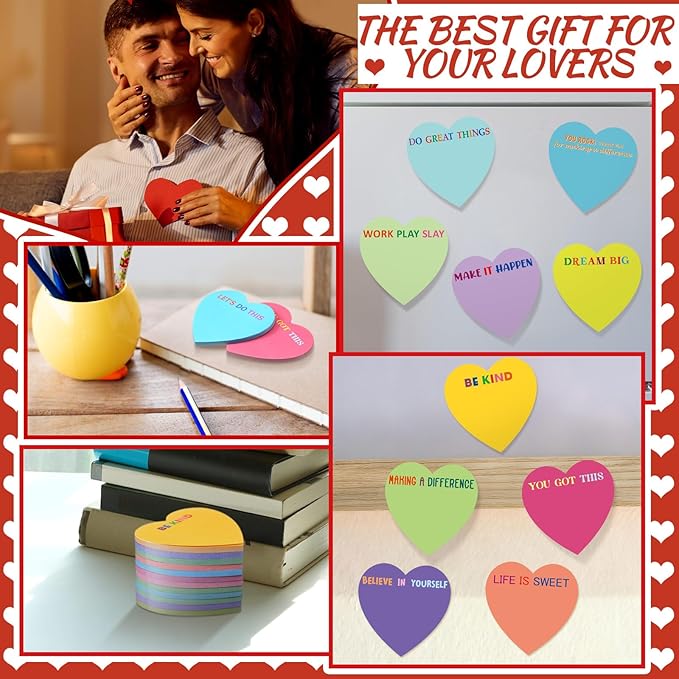 Teling 24 Pack Valentine's Day Sticky Notes Heart Shape Sticky Notes 3 x 3 Inch Inspirational Notepads Bulk Cute Memo Pads for Galentines Party Gifts School Office Supplies (Bright)