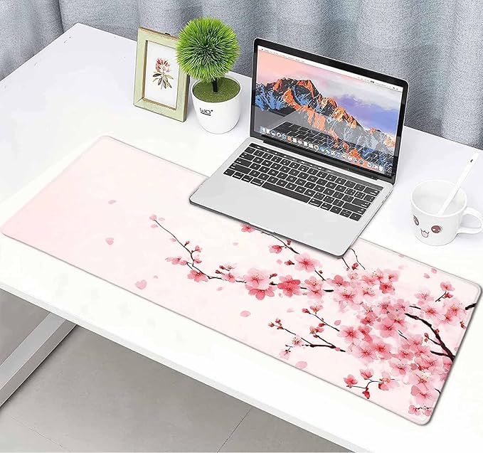 Pink Cherry Blossom Japanese Large Mouse Pad, Desk Mat Computer Keyboard Pad Non-Slip Rubber Base Waterproof with Stitched Edges for Laptop Gaming, Office & Home 31.5 x 11.8 Inch