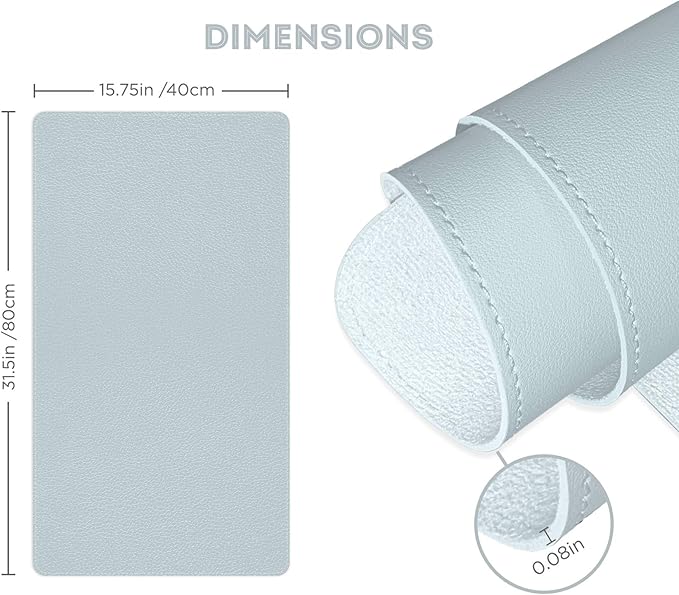FTC PU Leather Desk Pad & Desk Blotter, Non-Slip Flannelette Base, Stitched Desk Mat for Keyboard, Mouse & Writing, Home or Office (Smokey Blue, 31.5” x 15.75”)