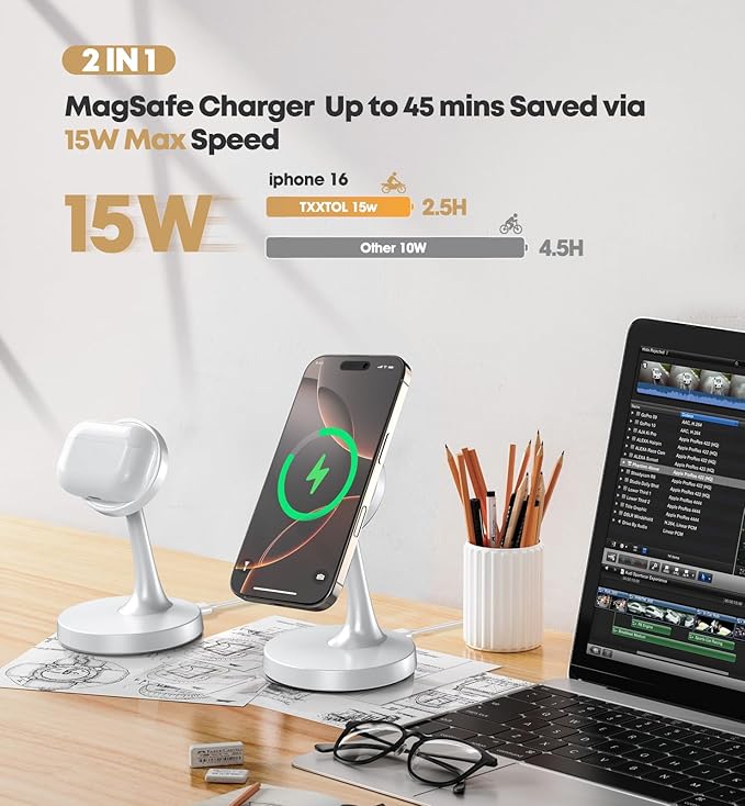 Magnetic Wireless Charger iPhone Stand, 15W Fast Mag-Safe Charger iPhone 17/17 Air/17 Pro/17 Pro Max 16/15/14/13/12 Series Magnet Wireless Charging Station/Pad/AirPods for Home, Office, Travel