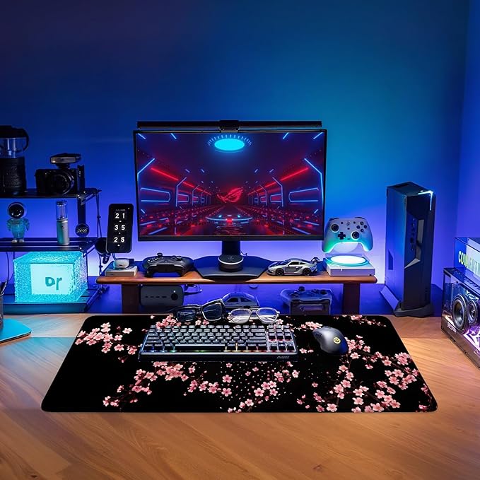 Cherry Blossom Falling Extended Gaming Mouse Pad XL 31.5"x11.8" – Pink Floral Desk Mat – Non-Slip Rubber Base, Stitched Edges