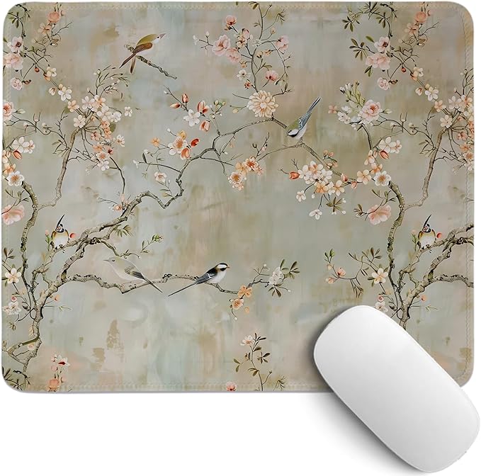 Cherry Blossom Mouse Pad,Chinoiserie Birds and Flowers Desk Mat,Elegant Botanical Mouse Pad,Vintage Floral Girly Desk Mat for Dorm Home Office Decor,10.2x8.3 Inch