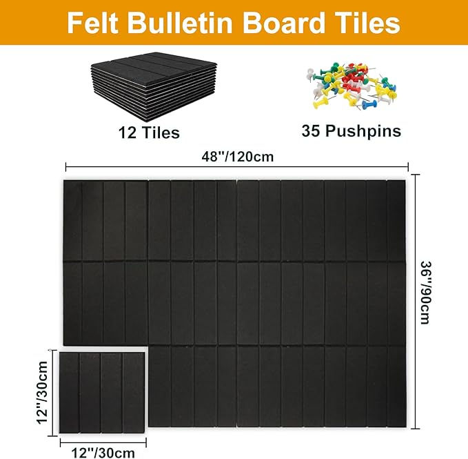 Large Cork Board Alternative,Felt Bulletin Board Tiles with 35 Pushpins,Black Bulletin Board, 12 Pack 12"X12"X0.4" Felt Cork Board Tiles with Self Adhesive for Office Pin Board, Home & Classroom