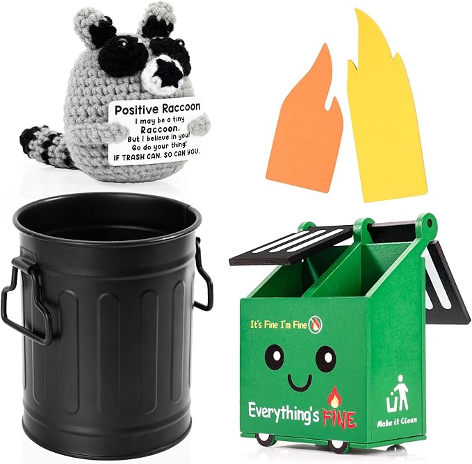 Dumpster Fire and Metal Trash Can Pencil Holder With Tiny Emotional Support Crochet Raccoon Plush Set Funny Office Desk Accessories Decor Gifts for Men & Women, Friend, Coworker,Nurse,Teacher (Black)