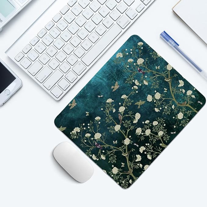 Blue Chinoiserie Mouse Pad,Cherry Blossom Bird Desk Mat,Vintage Spring Floral Mouse Pad,Dark Greens Floral Mousepad,Girly Laptop Desk Mat for Dorm Home Office Decor,10.2x8.2 Inch