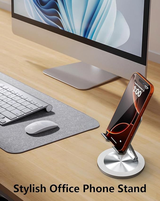 360 Rotating Phone Holder for Desk, Dual-Adjustable Foldable Heavy-Duty Bases Aluminum Phone Stand Compatible with iPhone 17 16 15 14 13 12 11 Series, Galaxy, 4-8" All Phones (Silver)