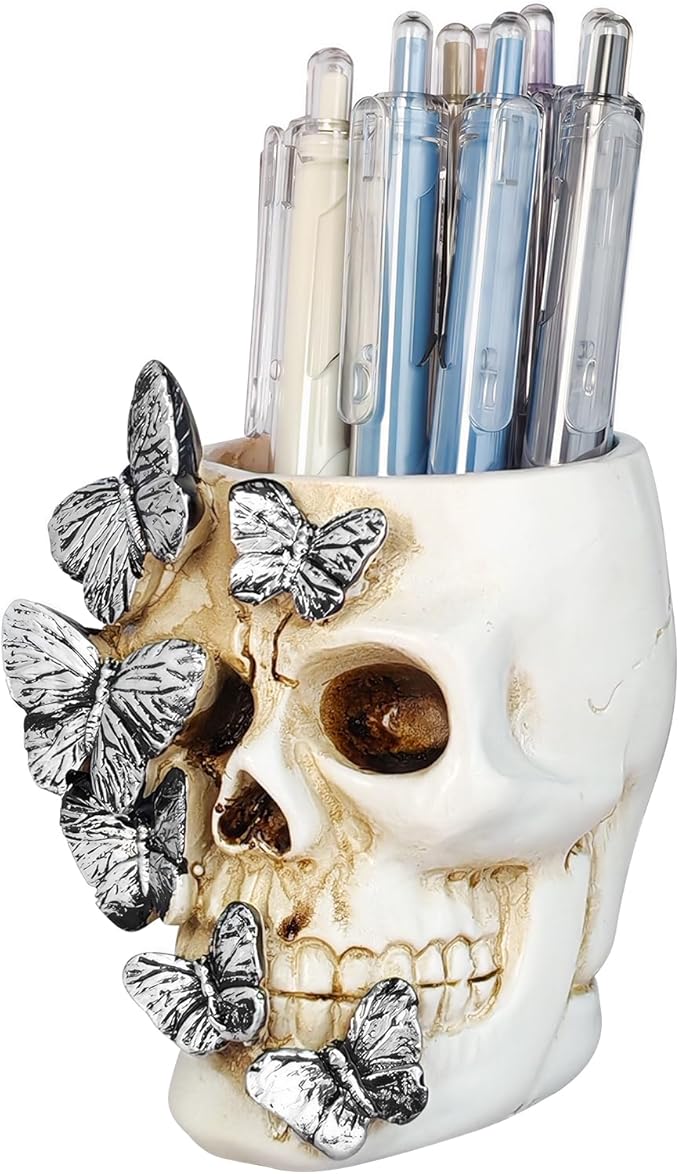 Skull Pen Holder Desk Organizer, Halloween Decor Skull Pencil Cup for Office Home School, Compact Gothic Desk Accessories Gift for Skull Lovers