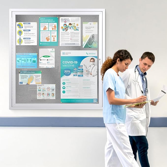 SWANCROWN Enclosed Bulletin Board Grey Felt Displays Boards Weather Resistant Wall Mounted Notice Case,39x37inches