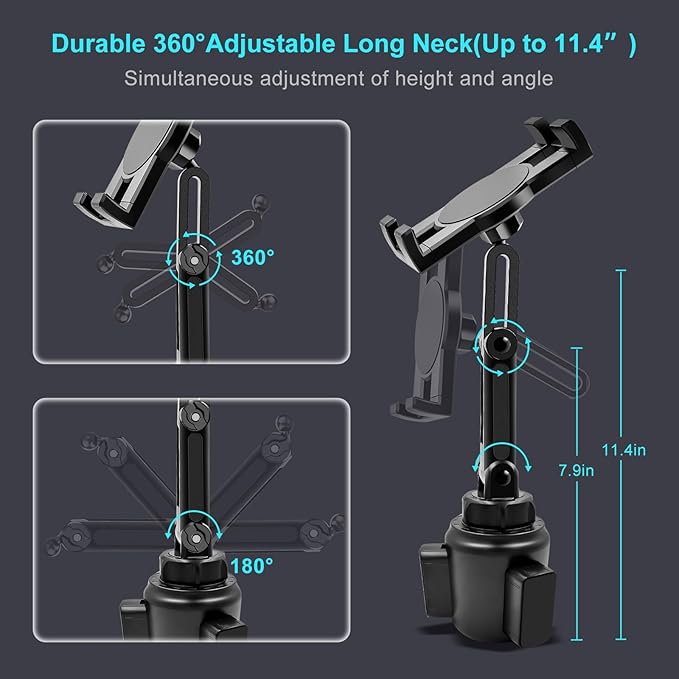 Cup Holder Car Tablet Mount, 360° Adjustable 2-Arm Stand Holder for iPad Pro 12.9/11/10.5/9.7/Air/Mini 6/5/4, Galaxy Tab/Z Fold 6/5, Amazon Fire HD, iPhone 16/15/14/Pro, 4.7-12.9" Tab & Phone