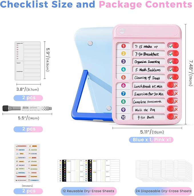 Magnetic Chore Chart for Kids, ADHD Tools to Do List Check List Chart Board Routine Chart, Visual Schedule for Fridge, Home with 10 Sliders and Magnetic Marker - (Blue+Pink)