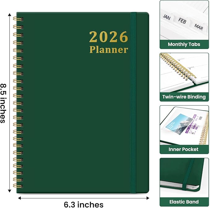 2026 Planner, Weekly and Monthly Calendar Planner, January 2026 - December 2026, Hardcover 2026 Calendar Book with Tabs For Women & Men, Inner Pocket, Spiral Bound, Perfect for Office Home School Supplies - A5 (6.3" x 8.5"), Dark Green