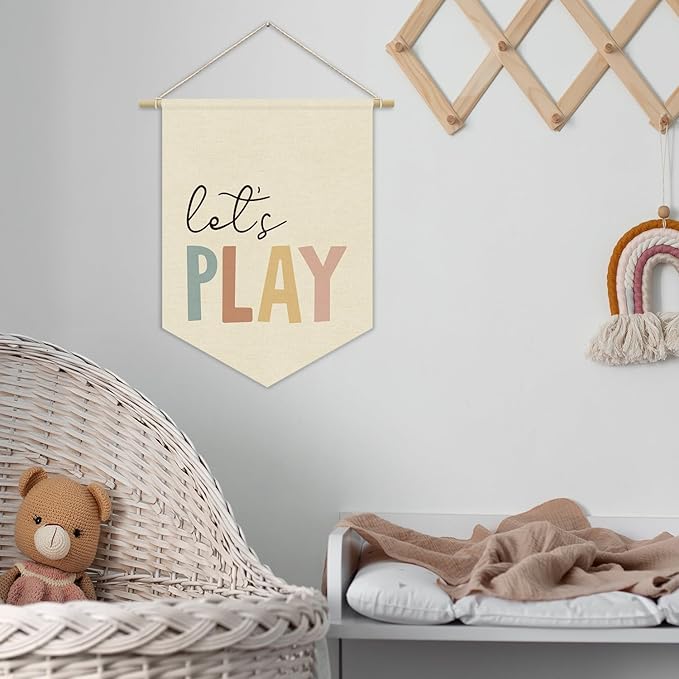 Playroom Sign Decor Let's Play Canvas Banner,Nursery Classroom Wall Art Canvas Hanging Pennant Flag Banner,Kids Room Homeschool Play Sign Wall Decor,Playroom Wall Decor Baby Room Decor 15x11in