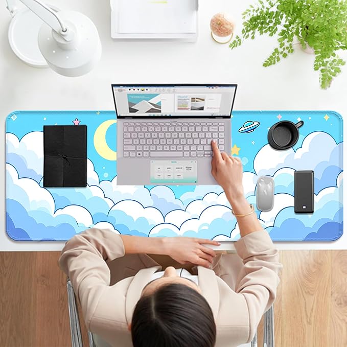 Minimalist Blue Gradient Clouds XL Large Desk Mat, Extended Long Star and Moon Desk Pad for Gaming and Office, Non-Slip Rubber Base, Comfortable Surface Sky Mouse Pad, 31.5x11.8 in