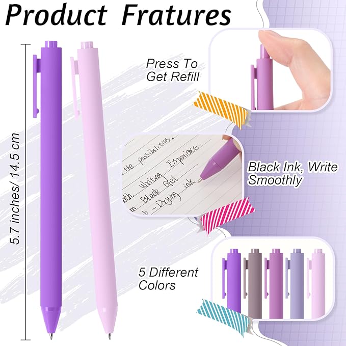 Crtiin 50 Pcs Gel Ink Pens Bulk, Black Ink 0.5mm Fine Point Retractable Pen Smooth Writing Office Supplies for Teacher Server Nurse Valentine Galentine Gift (Purple Series)