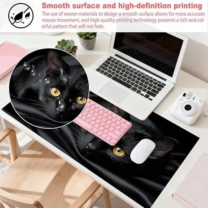Nuxovilar Black Cat Large Mouse Pad Gaming Mouse Pad Polyester 11.8x31.4 Inches for Home, Office, Gaming Space, Elegant Decor for Cat Enthusiasts