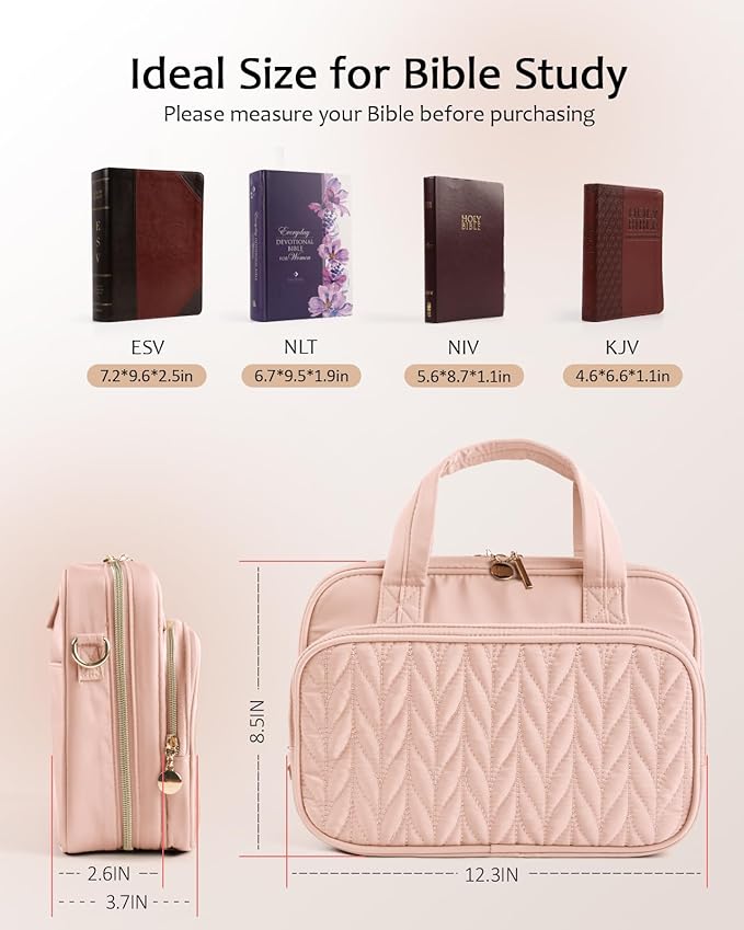 Bible Cover Case for Women, Large Bible Bag with Study Supplies, Bible Journaling Kit with Highlighters and Pens No Bleed, Christian Gift for Women (Shoulder Strap, Light Pink)