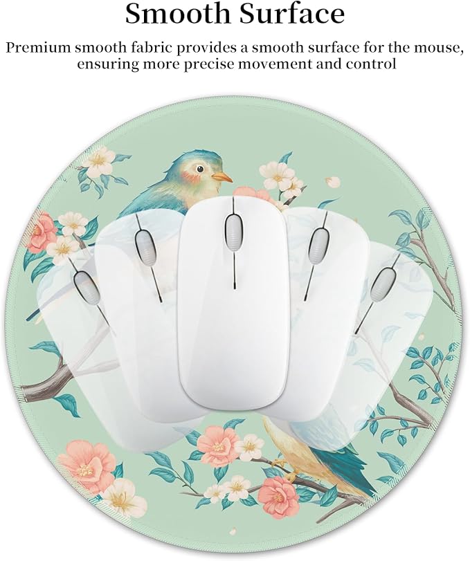 Mouse Pad for Desk, Floral Flower Bird Small Cute Mousepad with Non-Slip Base, Round Mouse Pads for Wireless Mouse Laptop Gaming, Computer Mouse Mat for Home Office Travel Desk Accessories