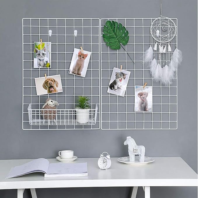 GBYAN 2 Pack Large Wall Grid Panels with Light and Clips, Photo Display Board, Picture Frame Collage Board, Wire Grid Wall Panel Room Decoration,White