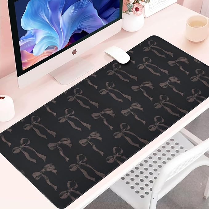 Black Bow Mouse Pad, Cute Desk Mat Black Computer Mat Keyboard Pad, Extend Large Gaming Mousepad Non-Slip Rubber Base Laptop Pad, Office Accessories Desktop Decor for Girls Women 31.5 x 11.8 inch