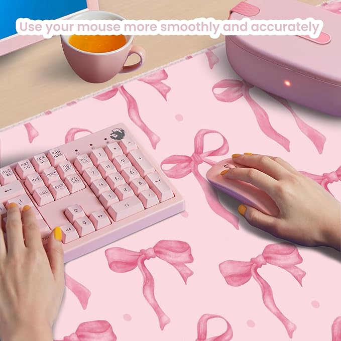Pink Desk Mat, Pink Bow Keyboard and Mouse Pad Computer Mat, Non-Slip Rubber Base Extra Large Gaming Mouse Pad for Laptop, Cute Office Essentials School Supplies Desktop Decor for Girls 31.5 x 11.8in