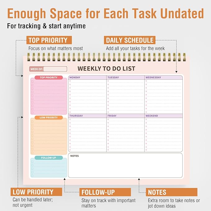 Forvencer Weekly To Do List Notepad with 52 Undated Sheets, 8.5" X 11" Undated Weekly Planner Notepad for Tasks & Goal Planning, Desk Weekly Planner notepad for Office & School Teacher Supplies, Black