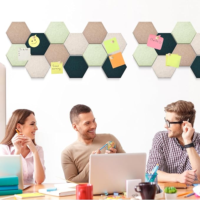 32 Pcs 6'' x 7'' Hexagon Felt Cork Board Tiles with 50 Wooden Push Pins, Felt DIY Bulletin Board with 4 Tape for Office School Home Wall Decor Stickers Memos Photos Display