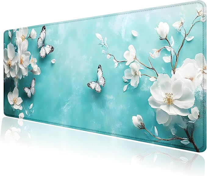 Aqua White Flowers Butterfly Large Mouse Pad, Desk Mat Computer Keyboard Pad Non-Slip Rubber Base Waterproof with Stitched Edges for Laptop Gaming, Office & Home 31.5 x 11.8 Inch (XL-22)