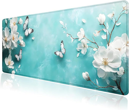 Aqua White Flowers Butterfly Large Mouse Pad, Desk Mat Computer Keyboard Pad Non-Slip Rubber Base Waterproof with Stitched Edges for Laptop Gaming, Office & Home 31.5 x 11.8 Inch (XL-22)